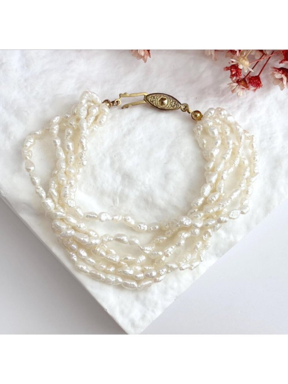 Multi Strand Genuine Rice Pearl Vintage Beaded 6 Strand Bracelet - 8"